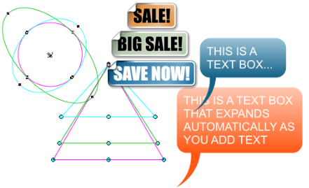 Examples of SmartShapes such as circles, triangles, smart text boxes, sale banners.